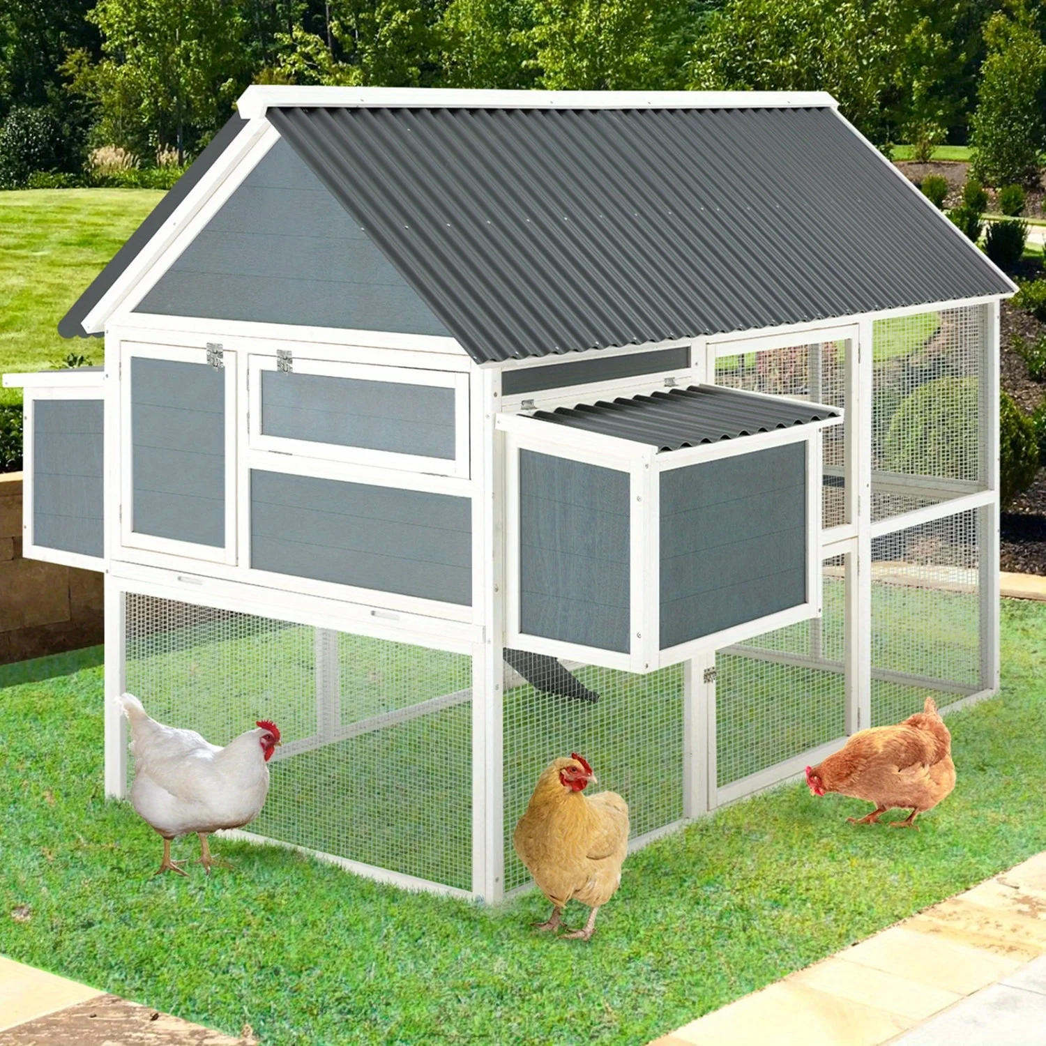 

Large Outdoor Chicken Coop Measuring 84 Inches, Designed for 8 to 10 Hens, Complete with a Run And Poultry Cage