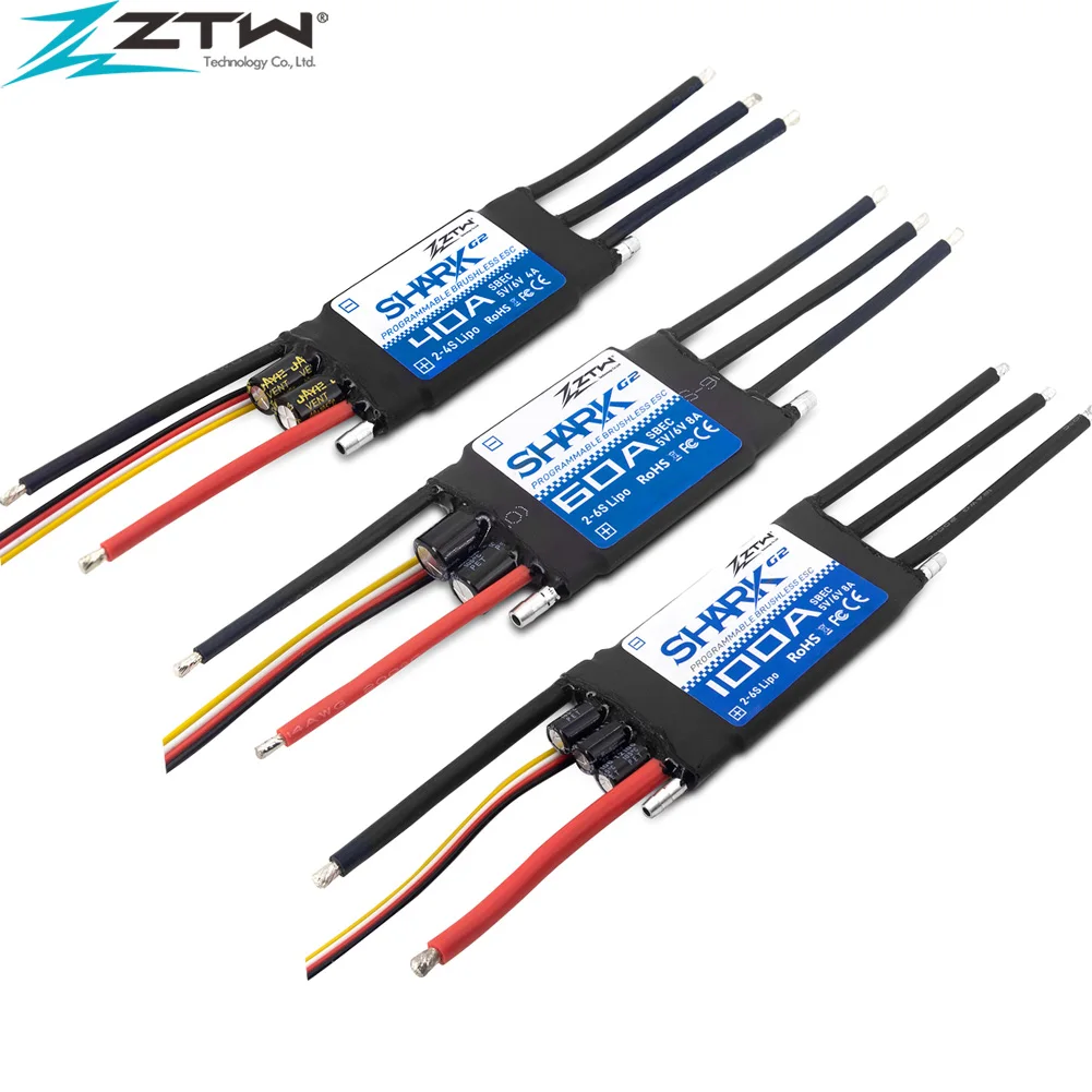 

ZTW 32-Bit ESC Shark G2 20A/30A/40A/50A/60A/80A/100A 2-6S SBEC 5V/6V 8A Brushless Speed Control for RC Boat Underwater Thruster