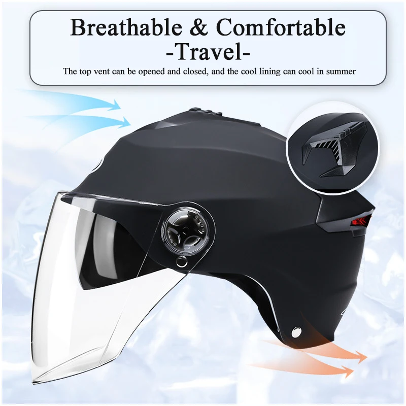 AD Motorcycle Helmets for Men Double Lens Bicycle Vehicle Scooter Half Helmet Cycling LED Lightweight Moto Bike Safety Cap