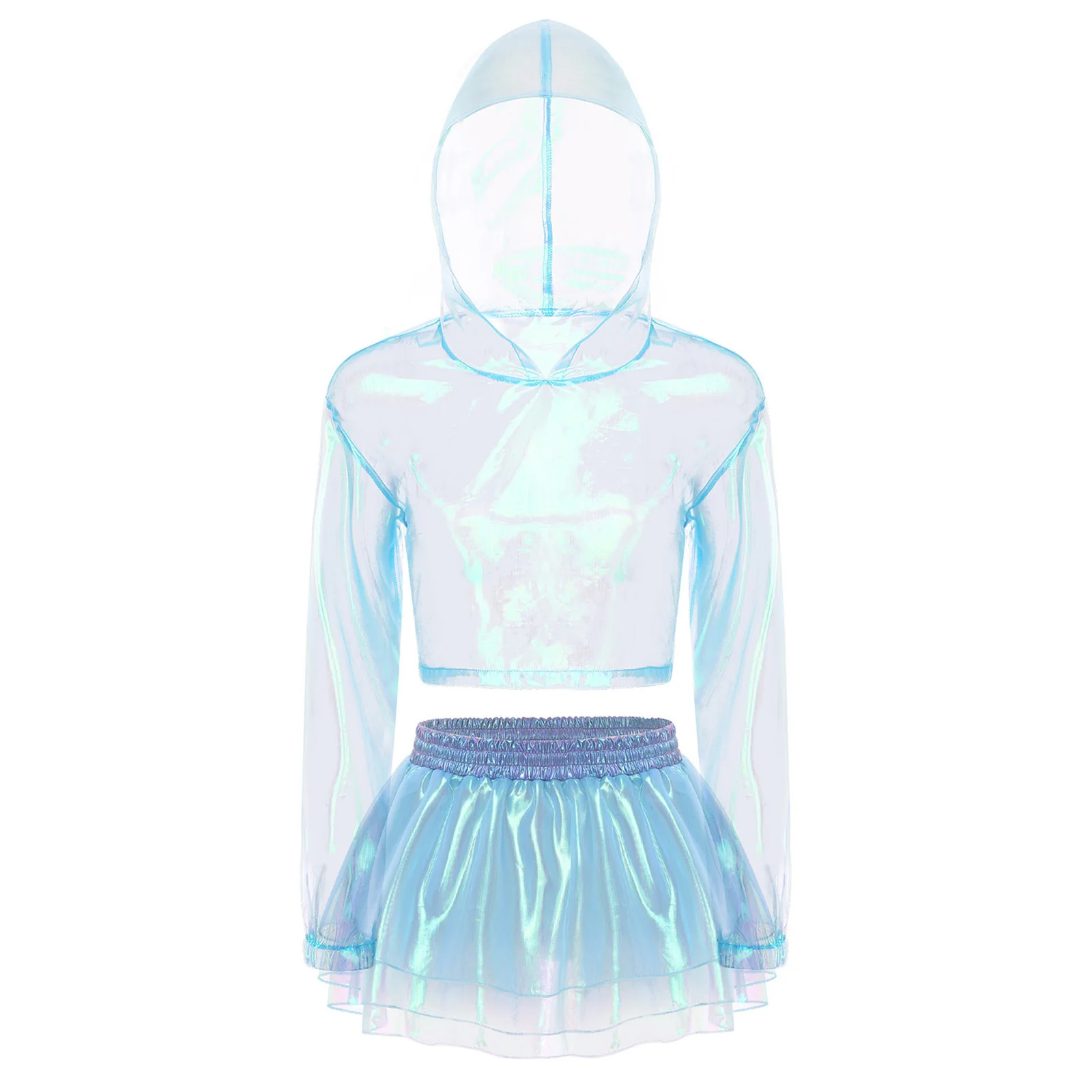 

Women Sexy Organza Shiny Bikini Cover Cropped Tops with Mini Tutu Skirt Sets Fashion Pool Party Beachwear Dating Nightwear