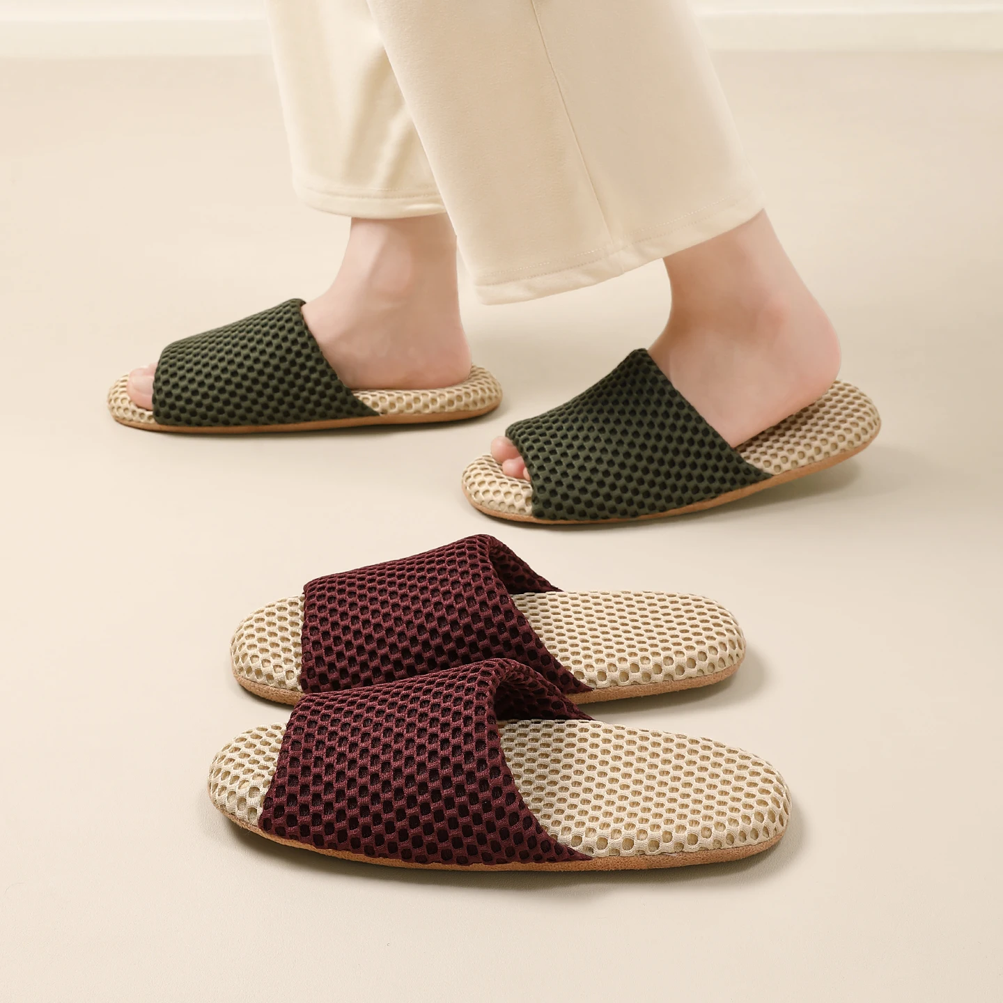 Unisex leise Hausschuhe mit Wildledersohle, geräuschreduzierend, atmungsaktives Mesh, offene Zehen, für Herren und Damen – Detail 10