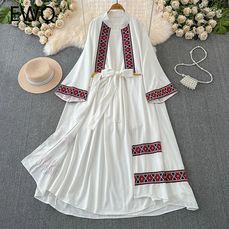 

EWQ Fashion 2 Piece Set Women Summer Sunscreen Embroidered Belt Coat Sleeveless Long Dresses Causal 2024 New Clothing 27C644