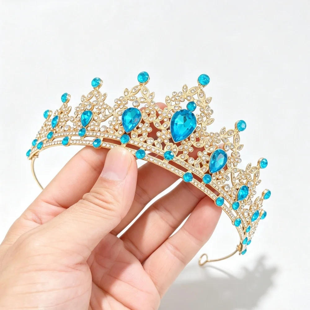 Luxury Princess Crown for Women Girls Blue Crystal Queen Tiara Headband Fashion Headpiece for Birthday Cosplay Party Wedding view 3