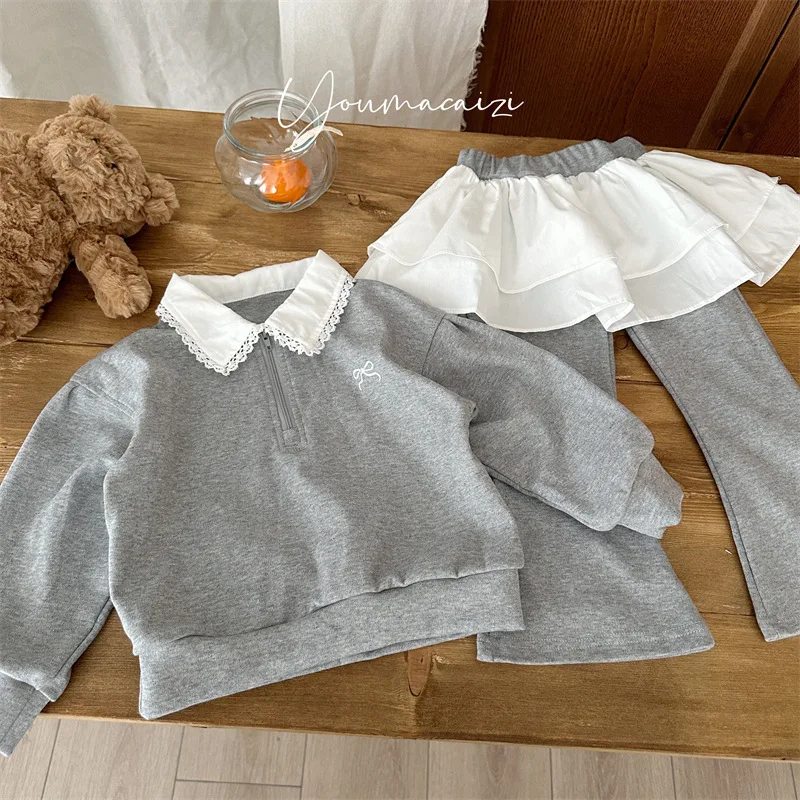 2026 Autumn New Children Elegant Lace Collar Hoodie Set Girls Baby Hoodie Skirt Flanked Bellbottom Pants Two Piece Set