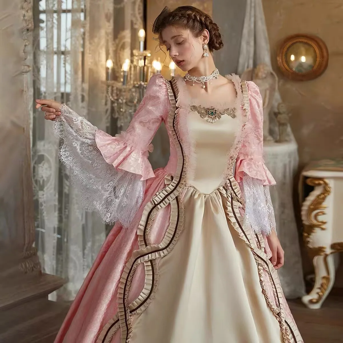 프랑스 유럽 법원 귀족 드레스 여성 중세 복고풍 화려한 사진 Catwalk 무대 공연 의상 Vestido De Festa