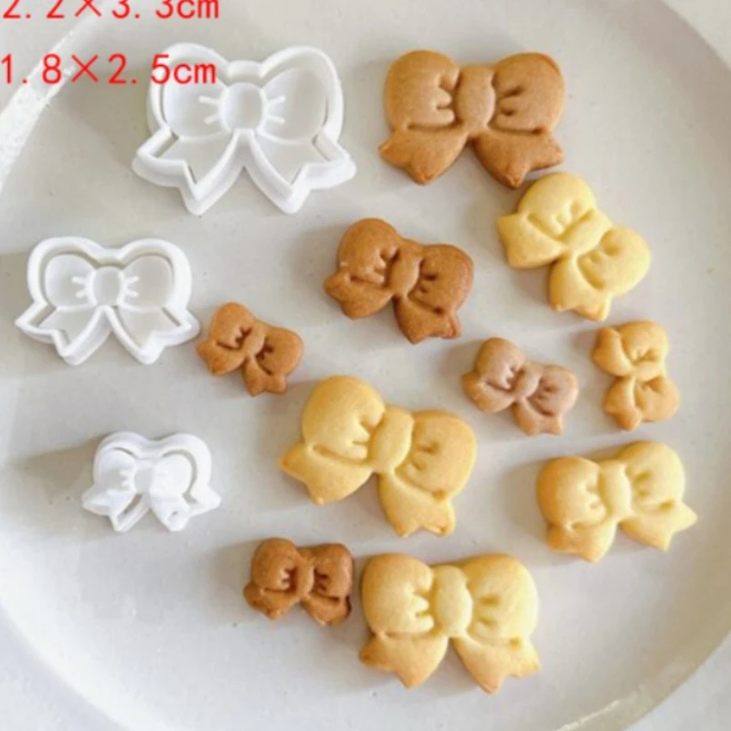 Mini Bowknot Cookie Cutter Biscuit Mold 3D Bow Plastic Pressable Fondant Cookie Stamp New Year Cake Decor Baking Supplies