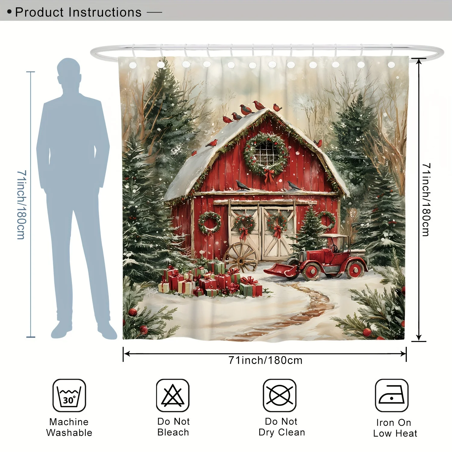 4Pcs Xmas Shower Set, Tree & Red Cardinal, Farmhouse Red Green, Holiday Bath Decor, 12 Hooks, Non-Slip Mat, U-Shaped Cover