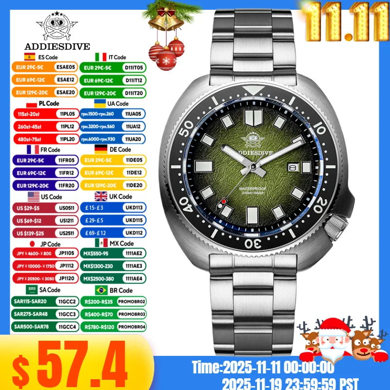 

ADDIESDIVE Top Men‘s Abalone Shell Watch 20Bar Waterproof AD2511 Reloj Hombre BGW9 Super Luminous Sapphire Glass Quartz Watch