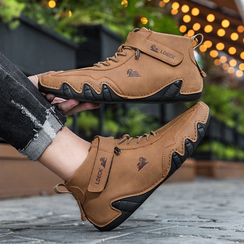 

Men's Leather Ankle Boots Casual Sneakers Winter Sports Waterproof Motorcycle Boots Lace-Up Luxury Brand