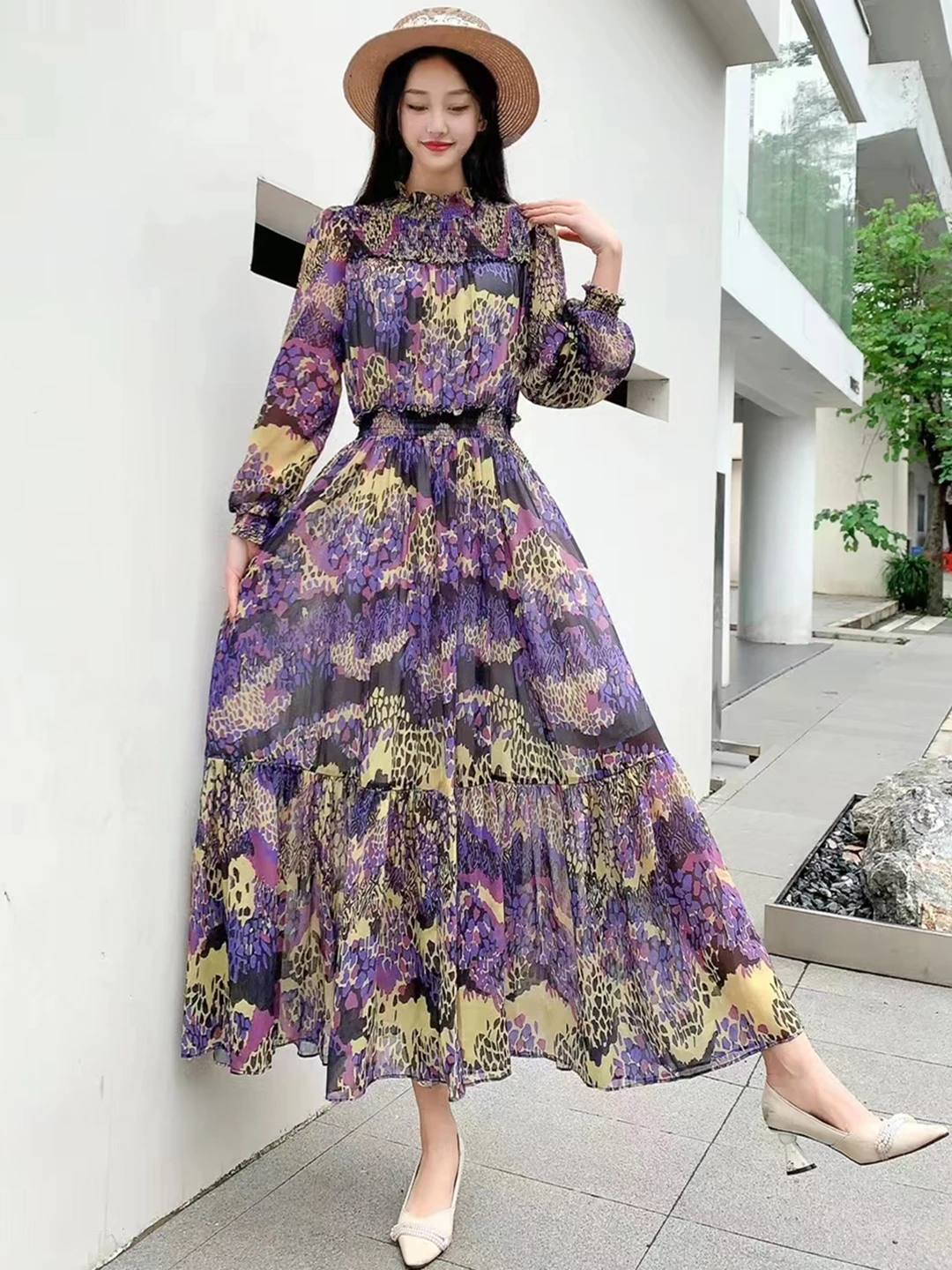 New Spring Autumn Women Long Sleeve Slim Long Dress High Quality Gorgeous Contrast Color Leopard Print Big Hem Elegant Dress