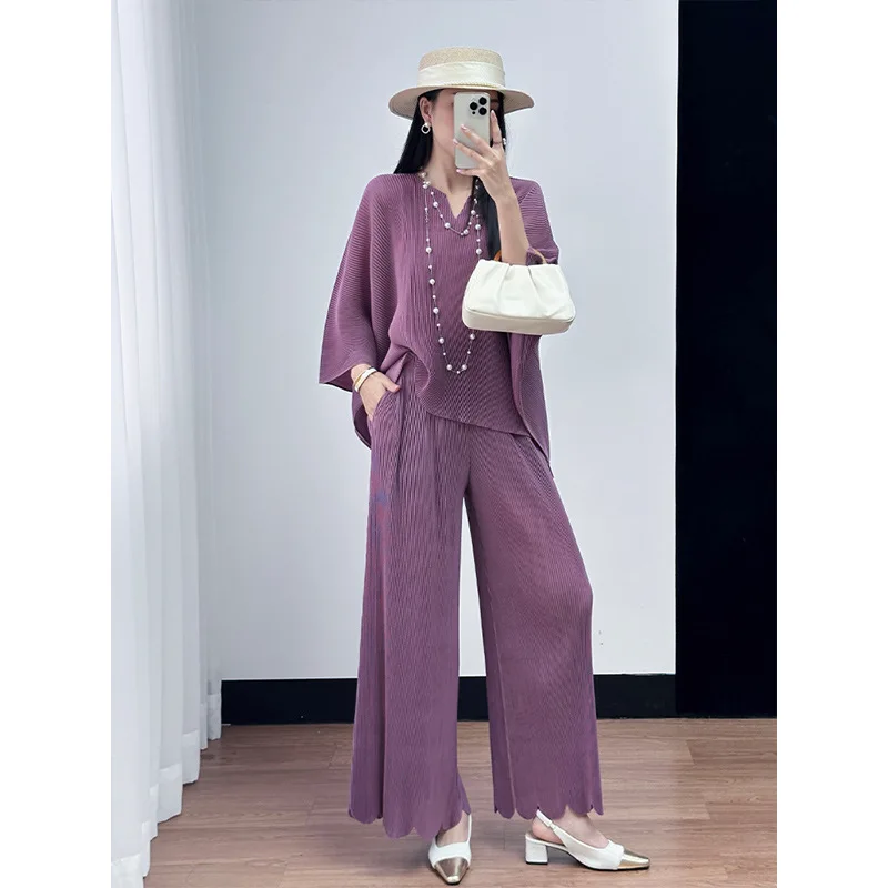 Cor sólida plissado superior calças de cintura elástica irregular conjunto de duas peças premium sentido miyake 2025 verão moda feminina terno