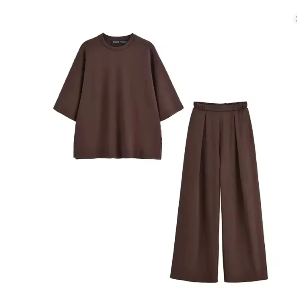2025 الصيف سيدة الزي عادية قمة صلب السراويل النساء مجموعة الحلو س الرقبة تي شيرتات قصيرة الاكمام واسعة الساق مرونة الخصر بنطلون