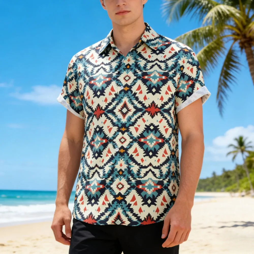 

Винтажная рубашка в западном стиле с ацтекским узором, в полоску, с коротким рукавом, на пуговицах, в этническом стиле, повседневная, гавайская, для летнего отдыха, пляжная.