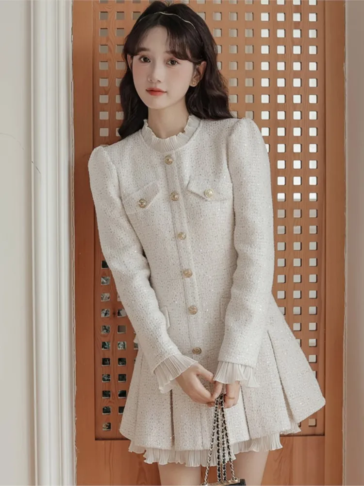 French Vintage Coat Dresses for Women Long Sleeve O-neck Ruffles A-line Short Dress Autumn Spring Korean Chic Vestidos Mujer New