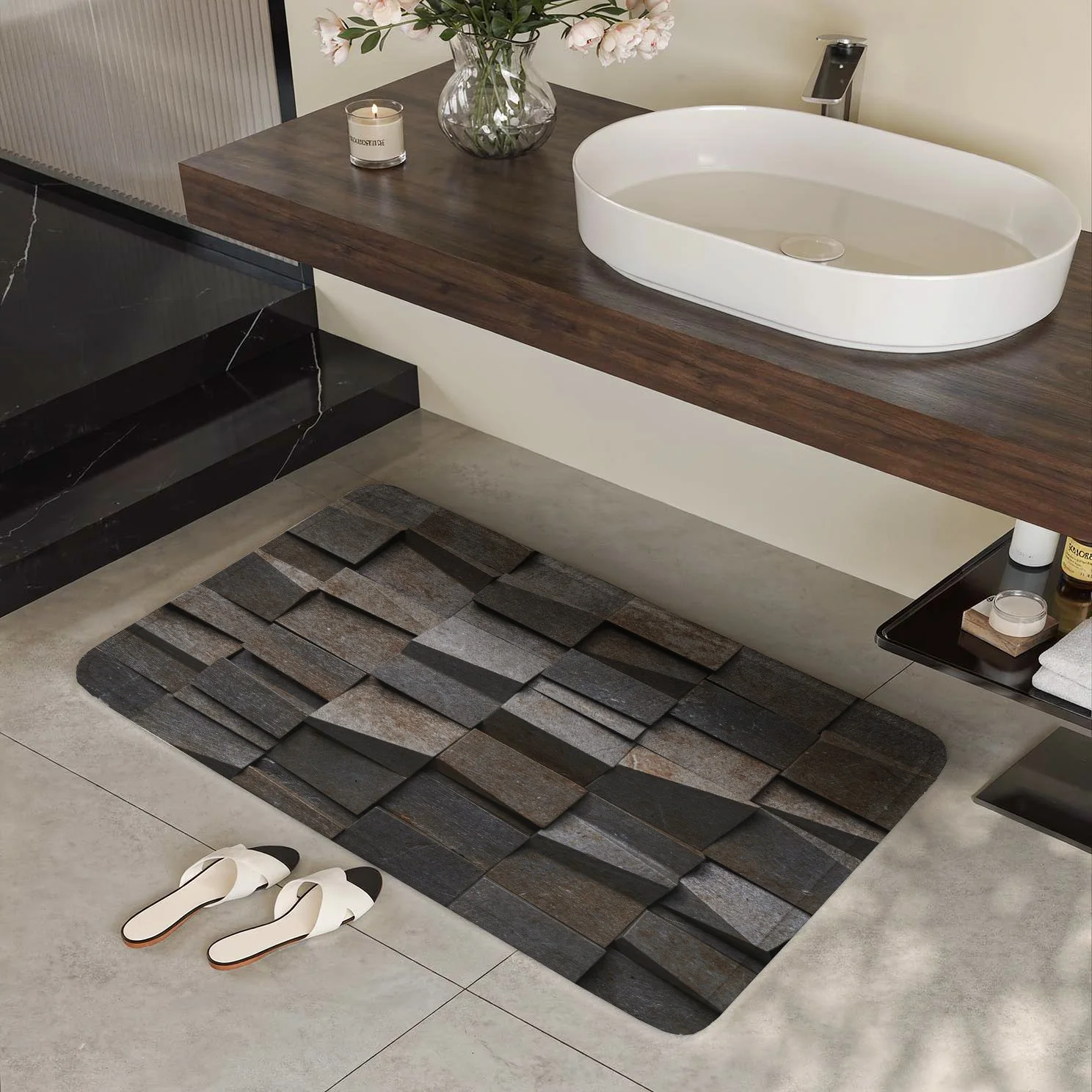 Durable Geometric Stone Paver Look Area Rug Gray Tile Pattern Mat for Hallway Entryway Runner Modern Living Room Decor