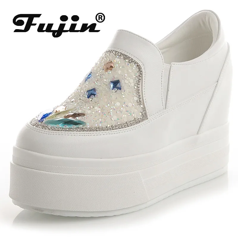 Fujin 9cm kobiety obuwie prawdziwej skóry Rhinestone platformy trampki na koturnie Chunky buty wiosna jesień Slip on Slipon buty