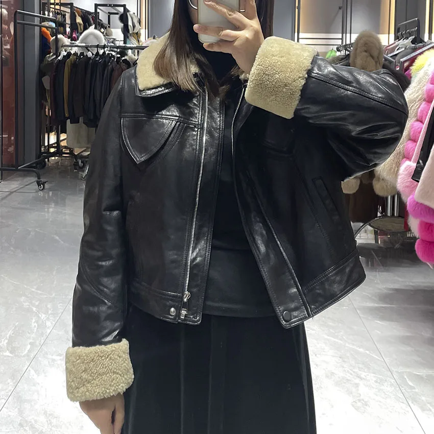 JANEFUR レディース 本革ジャケット ショートダウンジャケット ラムズウール襟付き 暖かい冬コート JFB8-25002