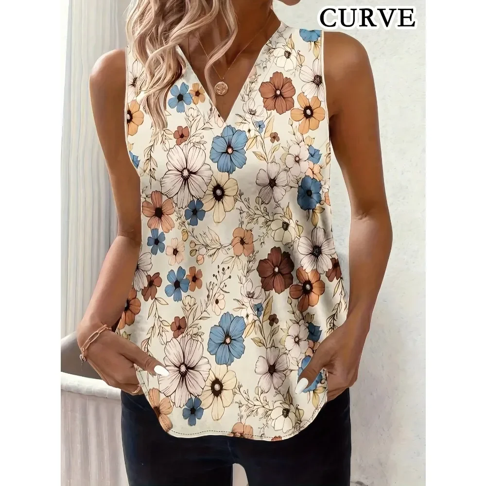 

Женская майка размера плюс 1XL-8XL, женская повседневная майка с v-образным вырезом и цветочным принтом, летняя жилетка с круглым вырезом, майка