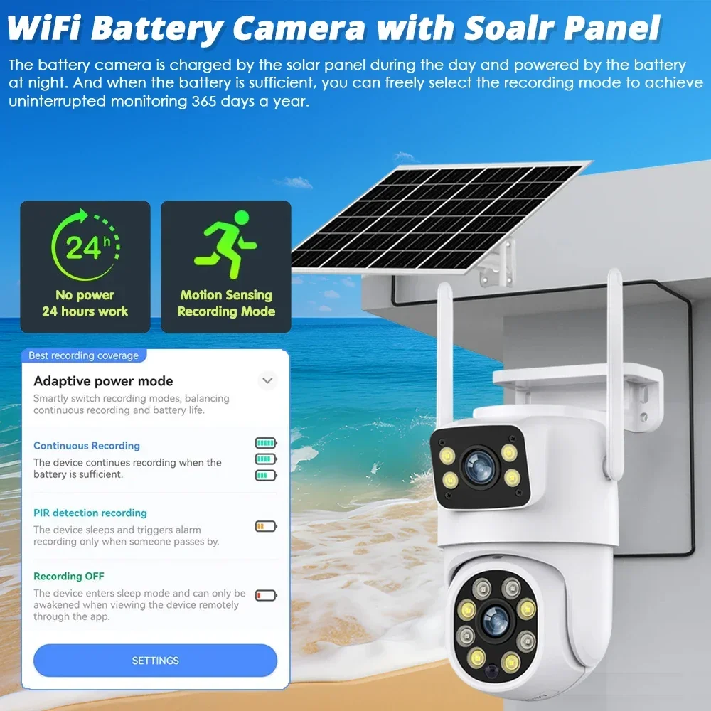 Tuya Smart WiFi Solar Camera Dual Lens 8MP Wireless Outdoor Video Surveillance Battery Camera PTZ CCTV Two Screens PIR Detection