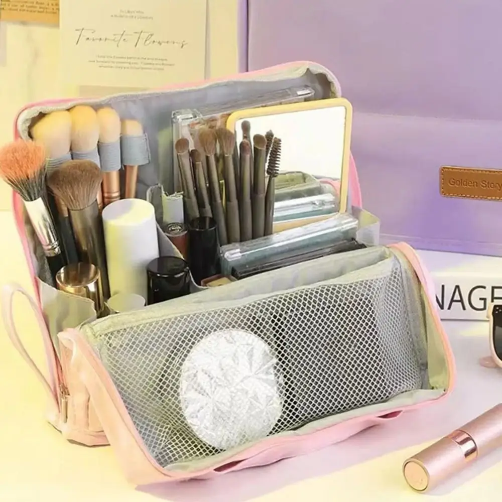 Portable Cosmetics Storage Bag PU Vertical Travel Makeup Organizer Standable Solid Color Vertical Pencil Case Outdoor