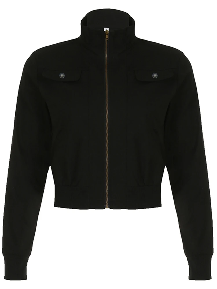 Rockmore Street Stand Kraag Cropped Jas Moto & Biker Lange Mouw Damesjassen Y2K Vintage Solid Zip Up Bovenkleding Herfst