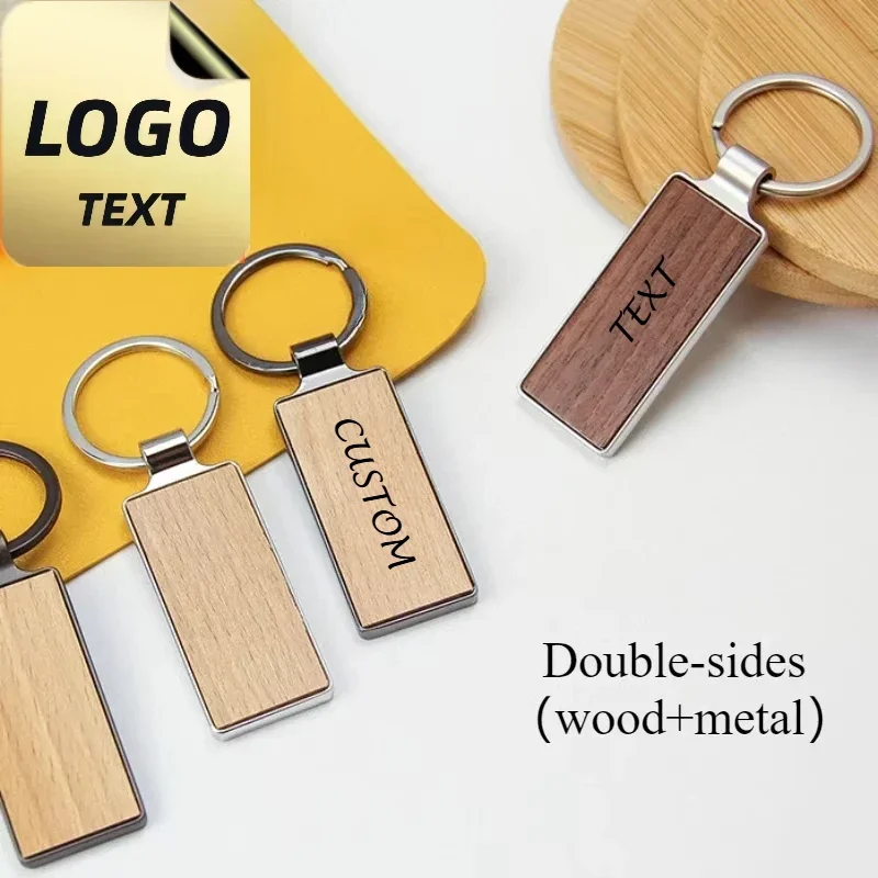 Custom Logo Bamboo Wooden Keychain Laser Engrave Double-sides Wood Metal Keyring Personalize Hotel Room Number Key Chain Holde