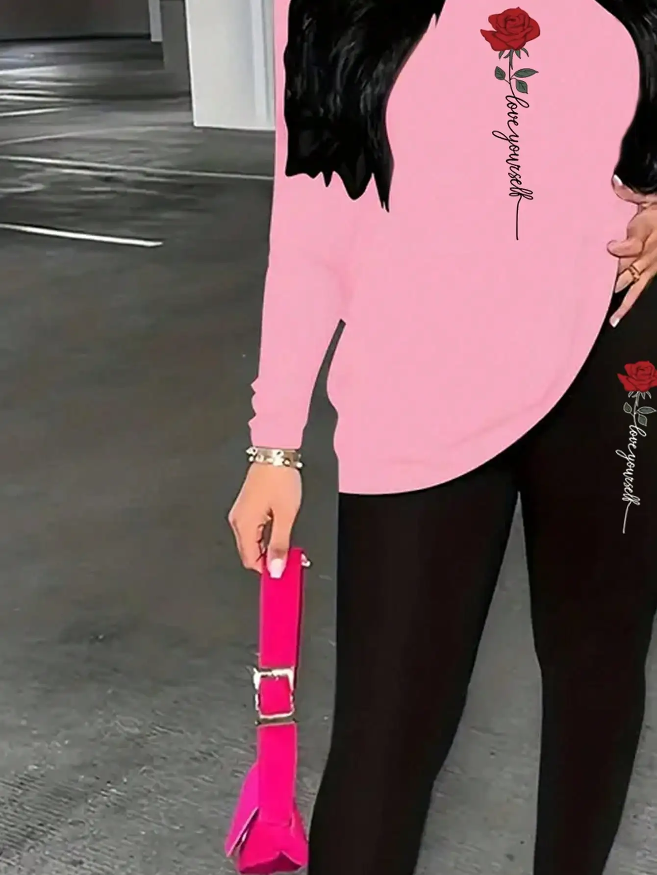 2026 Women's Casual Elegant Rose Printed Two Piece Solid Color Round Neck Long Sleeve T-shirt and Solid Color Printed Pants Set