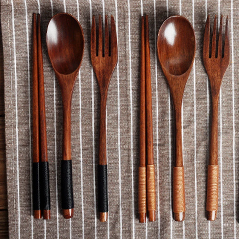 3Pcs Wooden Tableware Color Wooden Spoon Solid Wood Long Handle Couple Spoon Chopsticks Portable Tableware Kitchen Picnic