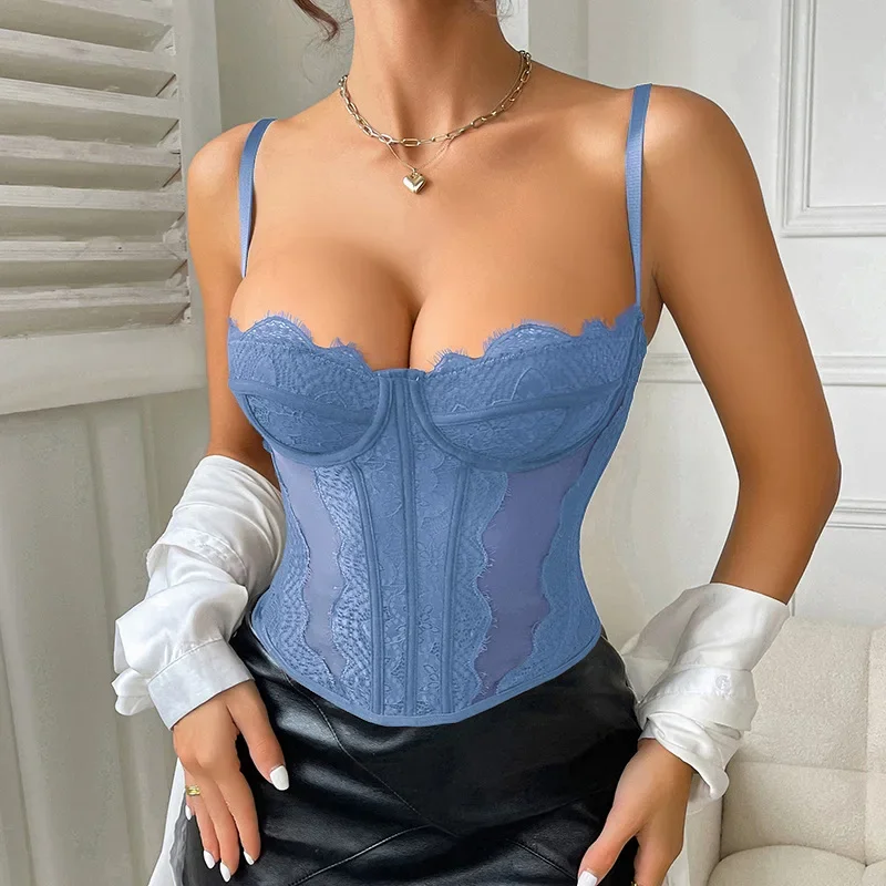 

Skinny Backless Y2K Tank Tops Corset Tops For Women Going Out Lace Mesh Date Night Top Spaghetti Strap Party Club Top Camisole