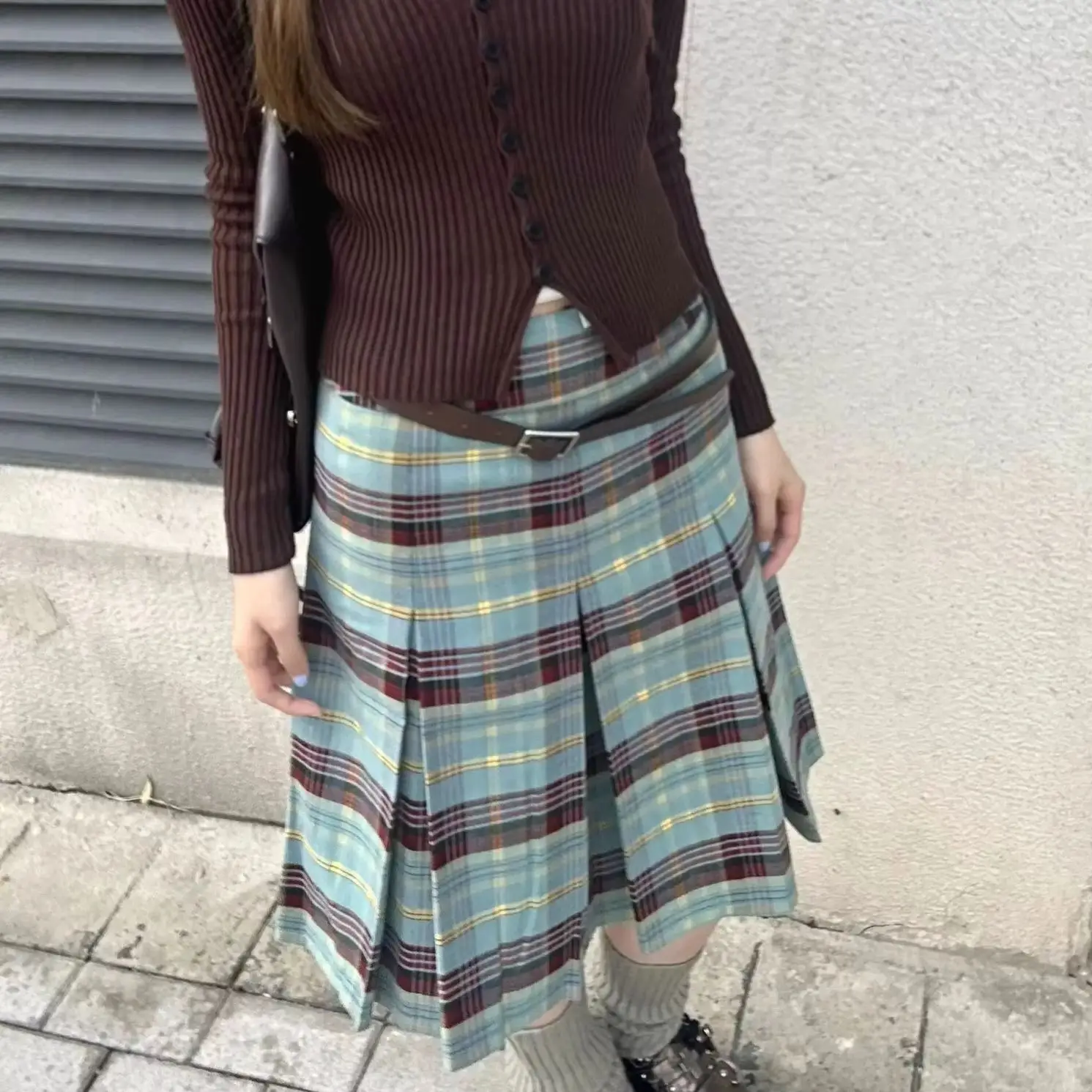 Korean Department A Word Academic College Retro Plaid Medium To Long Pleated Shirts For Women High Waist Patchwork Mini Skirt