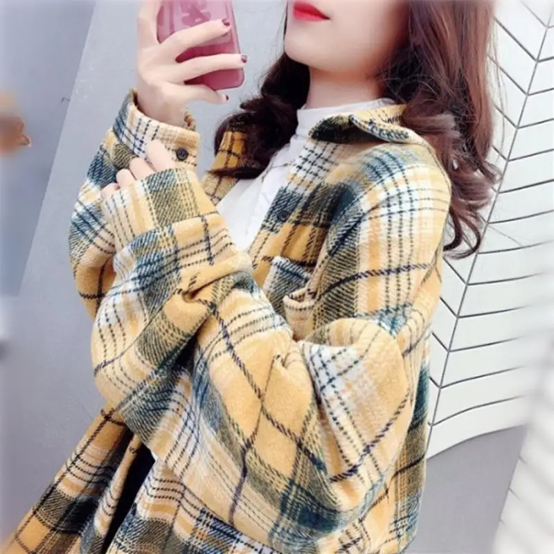 Women\'s Plaid Woolen Shirt Oversize Autumn Thick Warm Plaid Blouses and Shirts Winter Oversized Women Woolen Shirt Thicken D235