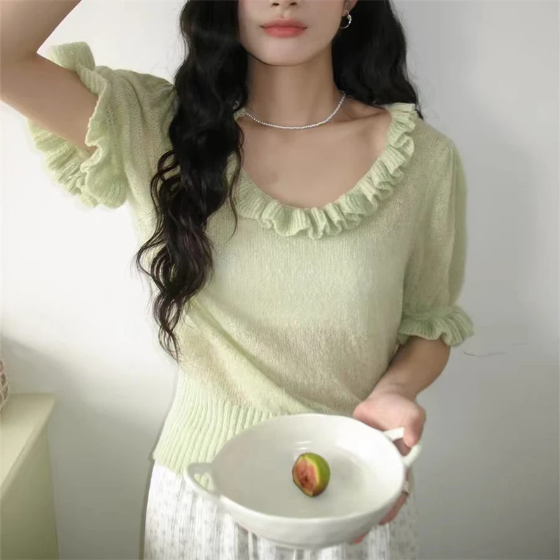 

Korean Style Chic Pure Color Short Sleeve Bubble Sleeve Knitted Top Women's Fashion Spring Summer New Arrival Wood Grain