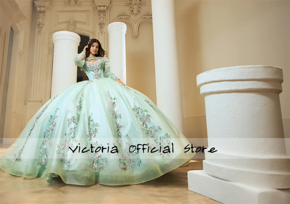 Mint สีเขียวพัฟแขนยาวดอกไม้ Appliques Corset Quinceanera Ball Gown 18th วันเกิดเปิดตัว vestido de ที่กําหนดเอง