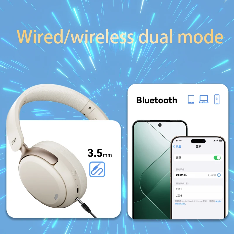 Acer OHR516 ANC Kabelloser Kopfhörer, 48 dB, Geräuschunterdrückung, hochauflösender räumlicher Audio-Kopfhörer mit LDAC, Bluetooth 5.4, Over-Ear-Headset – Detail 10