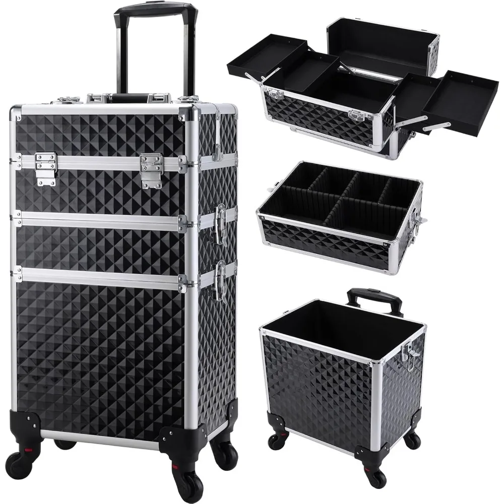 Professional 3-in-1 Rolling Makeup Train Case with Large Storage, Swivel Wheels, and Lockable Keys for Salon and Barber Use