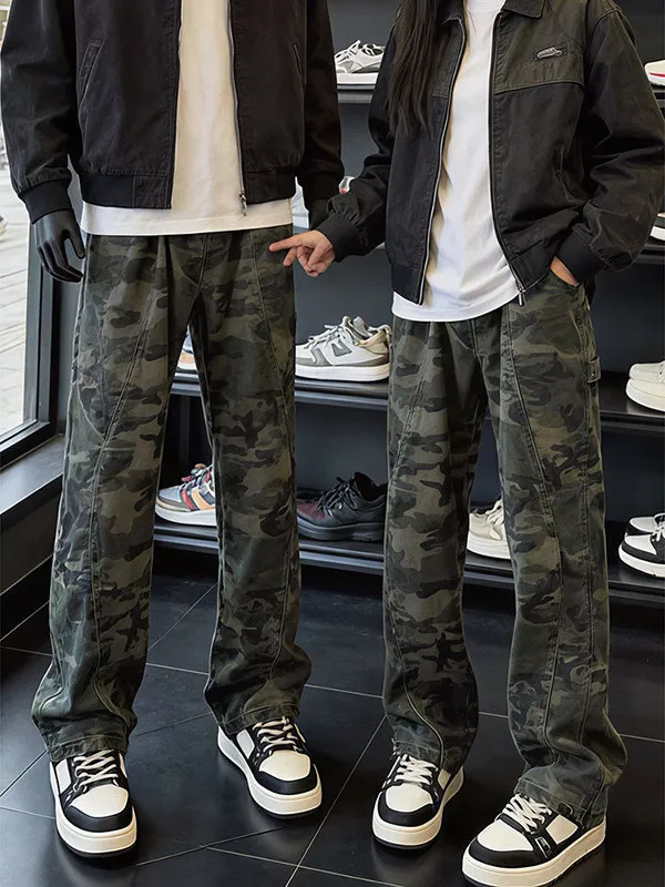 American Style Camouflage Workwear Pants Men's Slim Fit High Rise Straight Leg Micro Flared Cleanfit Casual Trousers