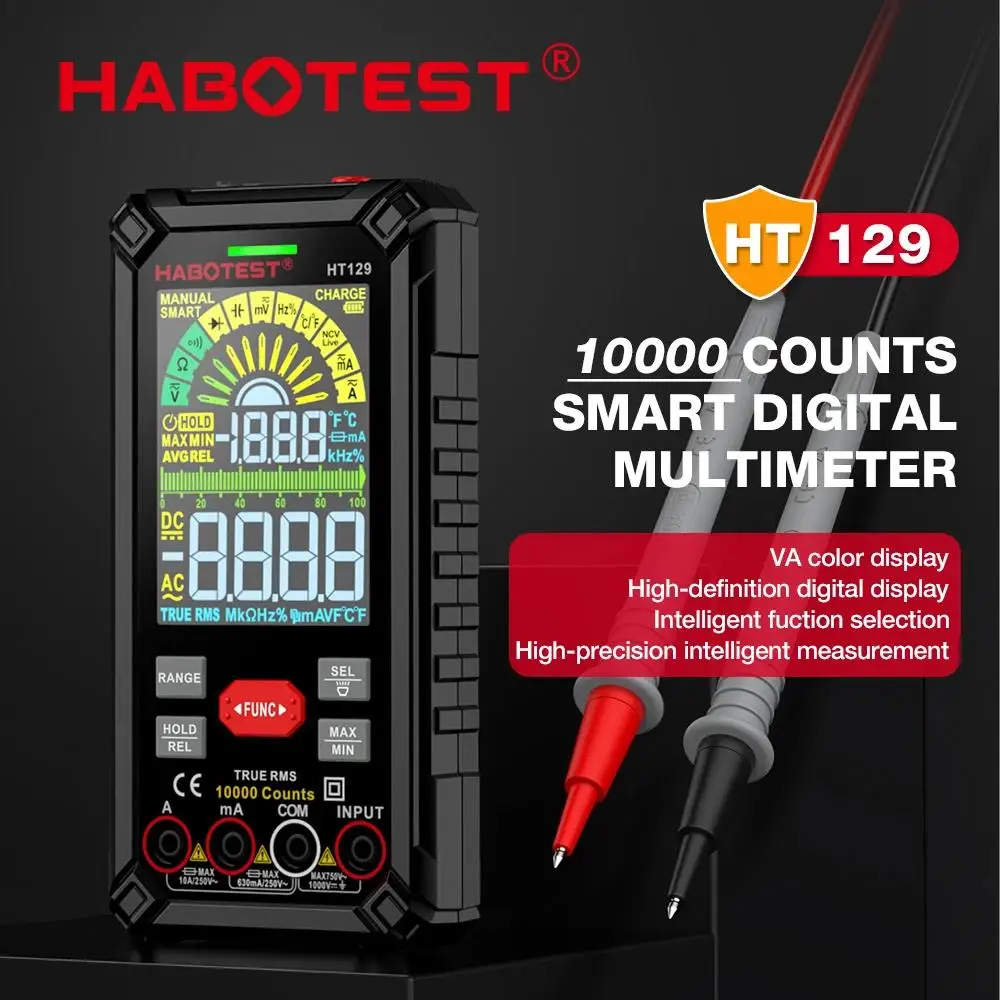 Habotest ht129 10000 contagens multímetro digital inteligente anti-queimadura dc tensão ac corrente verdadeiro rms voltímetro recarregável multitester