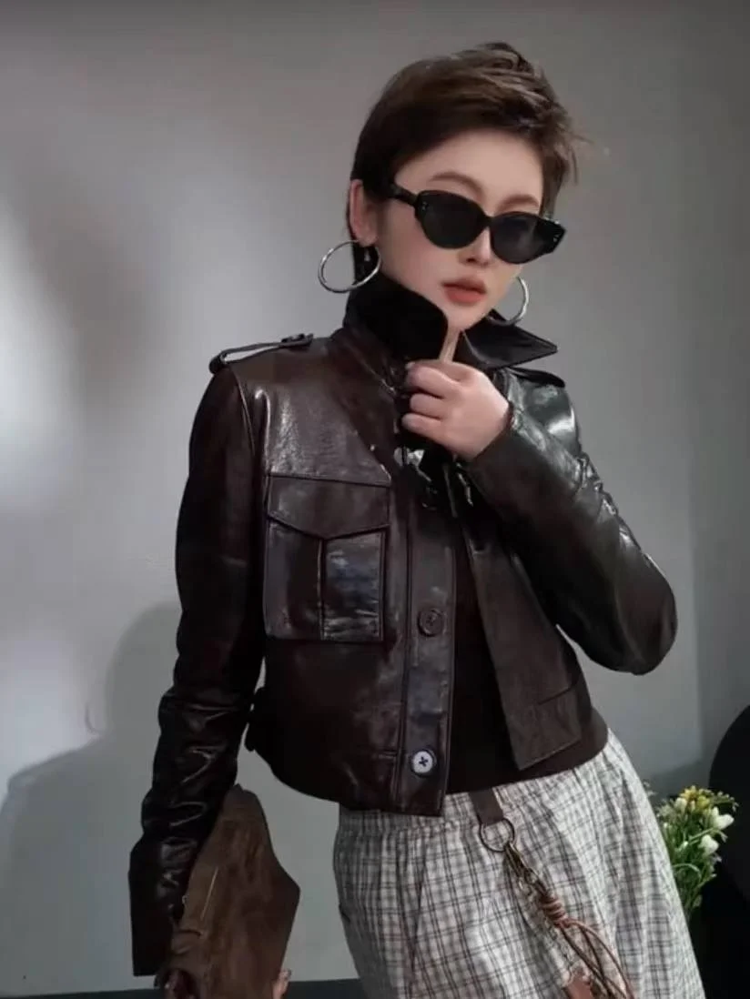 

New 2026 Women's Genuine eepskin Leather Jaet Motorcycle Zipper Oil Wax Outerwear Faionable Long Sve Coat