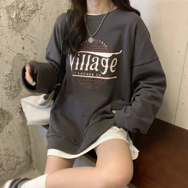 Women Loose Letter Print Sweatshirt Casual Autumn/Winter O-Neck New Splicing Design Long Sleeve Base Preppy Style T-shirt