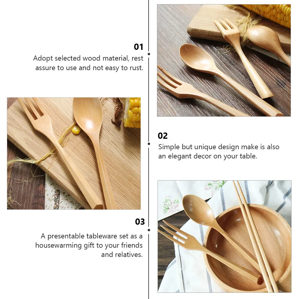

1 set 1 Set Wooden Fork Spoon Set Durable Smooth Tableware Elegant Design Salad Dessert Utensils Home Party Flatware Cutlery Kit