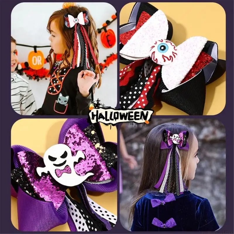 31BF Halloween Ribbon Hair Bows Long Tail Hair Barrettes Halloween Hair Accessories