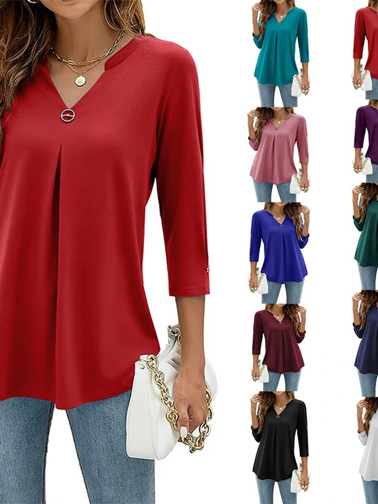 Folded Sve V-ne T-irt Pure Color Button Embellied Autumn Winter Women's Faion Silk Top Medium Length Regular Sve