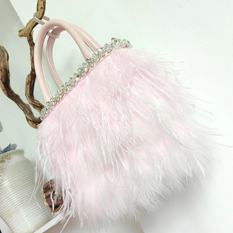Luxury Fluffy Furry Evening Bags Women's Fairy Sweet Pink Ostrich Feather Hand Bags Fashionable Casual Diamonds Small Pink Tote