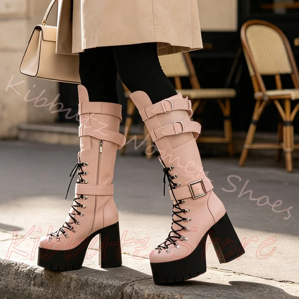 Knee High Platform Sandal Boots Multi Strap Buckle Round Toe Front Lace Up Side Zipper Block Heel Y2K Goth Ladies Shoes Fashion