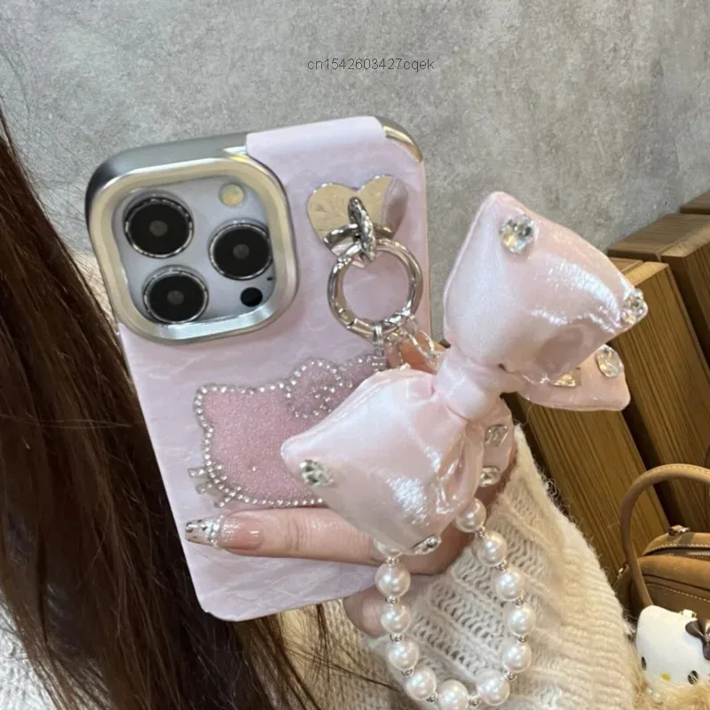 Sanrio Hello Kitty Glitter Diamond Cute Phone Case For Iphone 16 15 14 13 12 Promax 11 Trendy Light Luxury Bow Chain Iphone Case