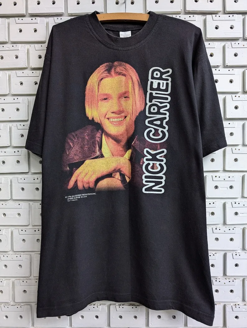 

Vintage 1996 Nick Carter T-Shirt Backstreet Boys Pop Rock Rhythm And Blues Singer Merch Tee Size XL