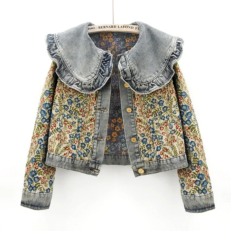 Spring Fashion Jacquard Embroidery Denim Jacket Women Loose Short Blue Cowboy Outwear Peter Pan Collar Jeans Jacket Coat Female - Image 4