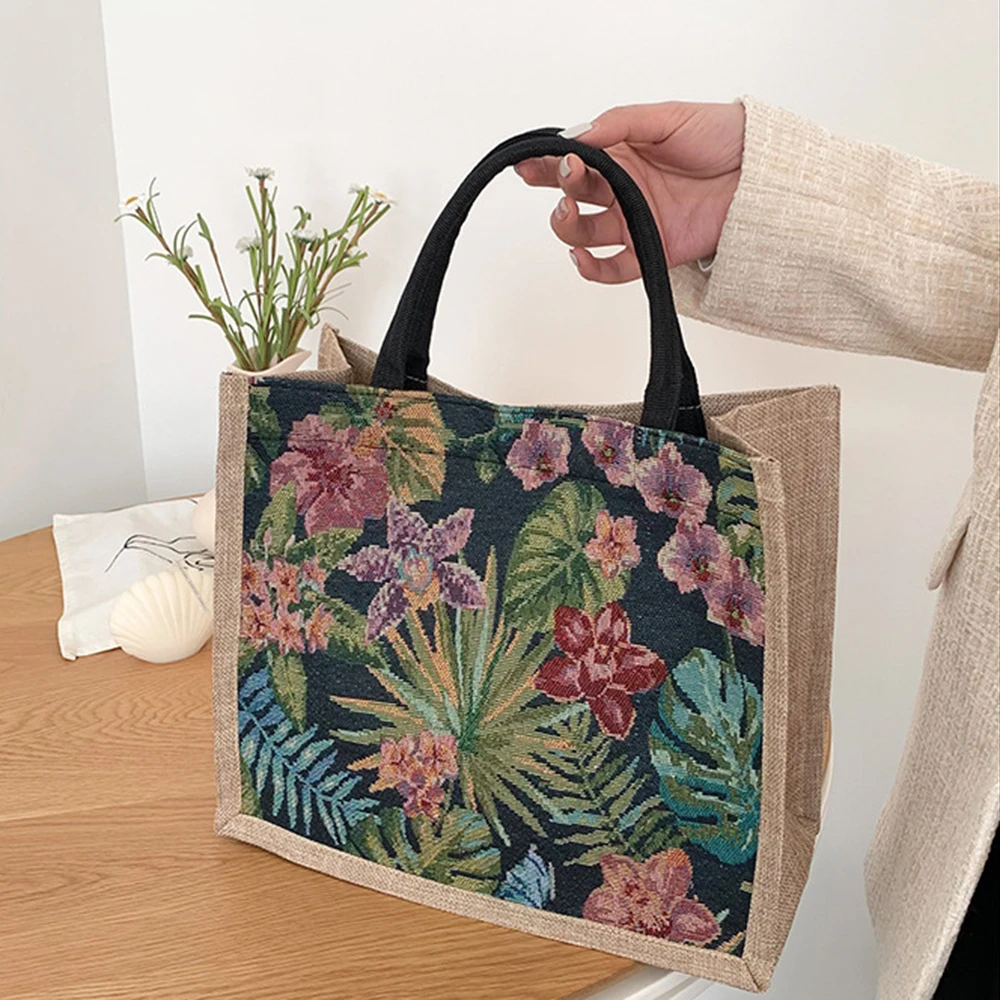 Vintage Flowers Pattern Large Capacity Cotton Linen Women\'s Bag Fashion Work Commuting Underarm Bag Shoulder Bag Casual Handbag