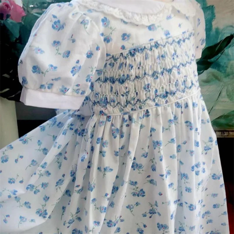 princess classical summer short-sleeved hand-embroidered light blue floral pleated girl baby cotton dress