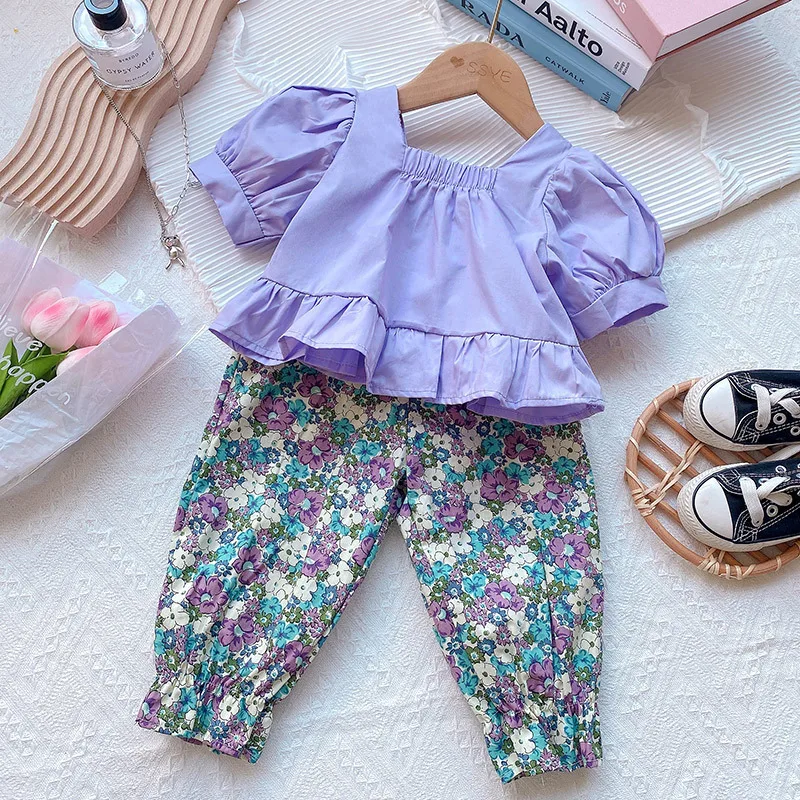 

2024Summer Clothing New Girls' Short-Sleeved Top+Anti-Mosquito Pants Two-Piece Cotton Flower Trousers Children's Suit-WSNY